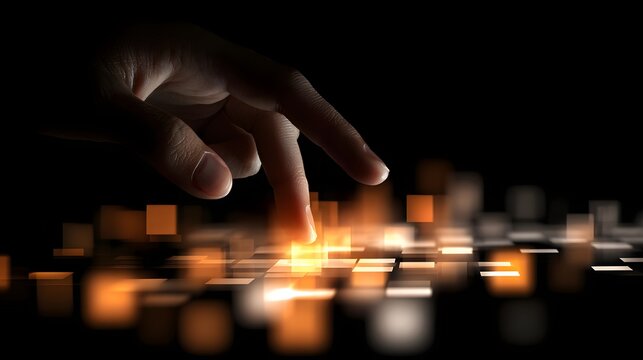 A hand's finger interacts with glowing squares on a digital surface.