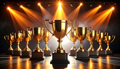 Numerous gold trophies on stage, illuminated by spotlights