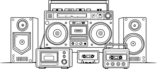 "Retro Boombox and Vintage Audio Equipment Line Art" vector
