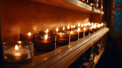 Many small candles burning on a wooden shelf.