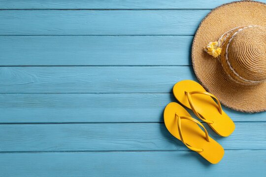 Summer accessories on light teal wooden planks - Powered by Adobe