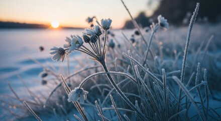 Obraz premium Frost-covered plants in snowy field, sun setting over distant trees