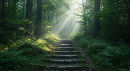 Obraz premium Sunlight filtering through trees onto a forest path