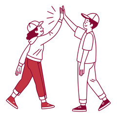 Two happy people in casual clothes giving each other a high five