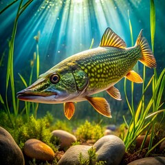 Fototapeta premium a striking northern pike with vibrant green and ye.jpg