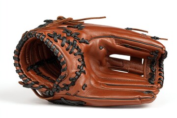 Close-up of a tan leather baseball glove, angled, resting on a white background. Stitching and lacing are visible