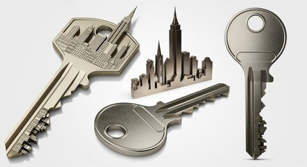 A collection of unique keys featuring cityscape designs on a white background studio shot close up