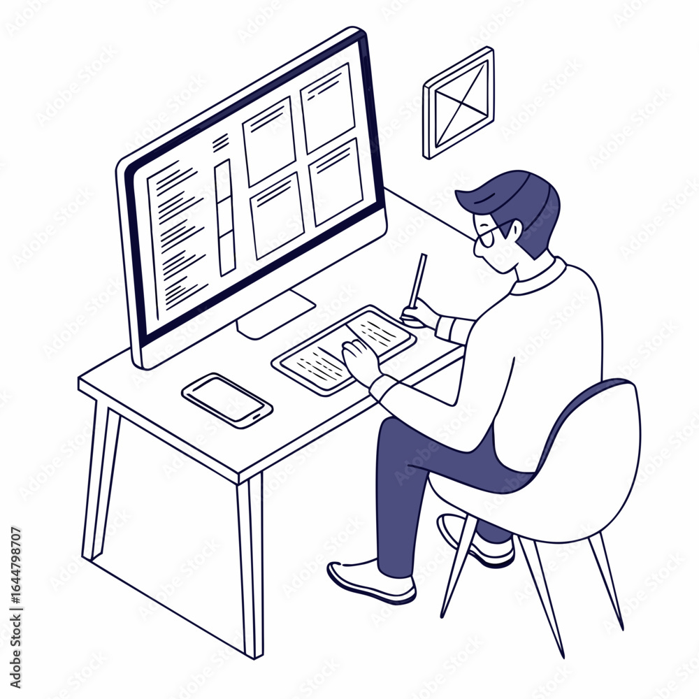 Wall mural designer working on a computer with a tablet and phone