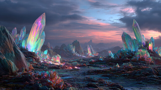 Alien landscape with glowing crystalline formations oozing iridescent liquid, evoking mystery.
