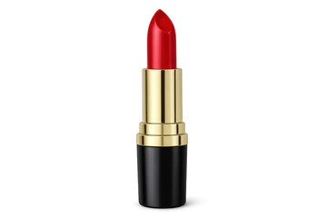 Fototapeta premium Red lipstick in golden and black container on transparent background