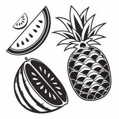 Stylized black and white pineapple and watermelon slices