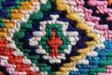 Close-up of vibrant cross-stitch textile