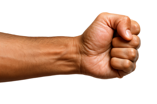 A close-up of a clenched fist on a black background, conveying strength and determination.