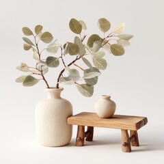 Two light beige vases,  a small wooden bench, and eucalyptus sprigs