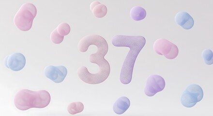 Pastel Wireframe Number 37 Floating Among Soft Amorphous Blobs.