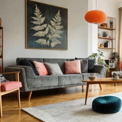 Cozy living room with gray sofa, fern art, and orange pendant light