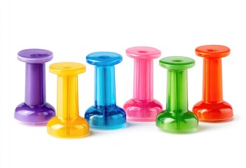 Six colorful plastic push pins in a row against a white background.  Each pin has a vibrant color,  a cylindrical body, and a rounded base.  They are arranged in a horizontal line
