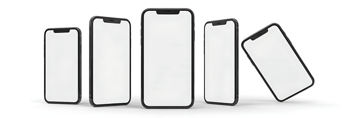 Multiple smartphones with blank screen isolated on white background
