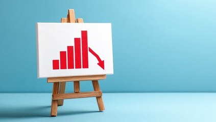 A small wooden easel holds a white canvas displaying a red bar graph with a downward arrow, signifying a decline or fall