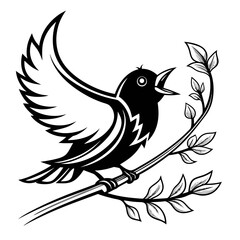 Stylized black bird singing on a branch with leaves