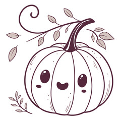 Cute kawaii pumpkin with autumn leaves and swirls
