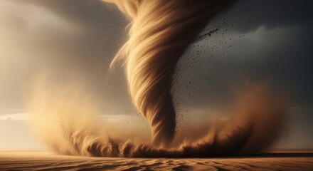 A dramatic sandstorm with a swirling vortex dominating the arid landscape under a cloudy sky view