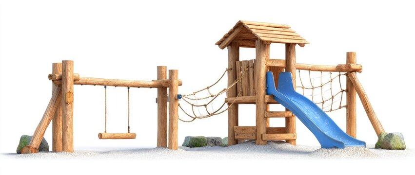 Wooden playground set with swing, climbing net, and slide - Powered by Adobe