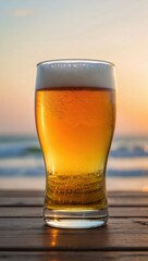 Glass of refreshing beer on a wooden table at the beach at sunset