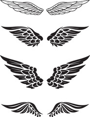 Set of various black and white vector wings in different styles.