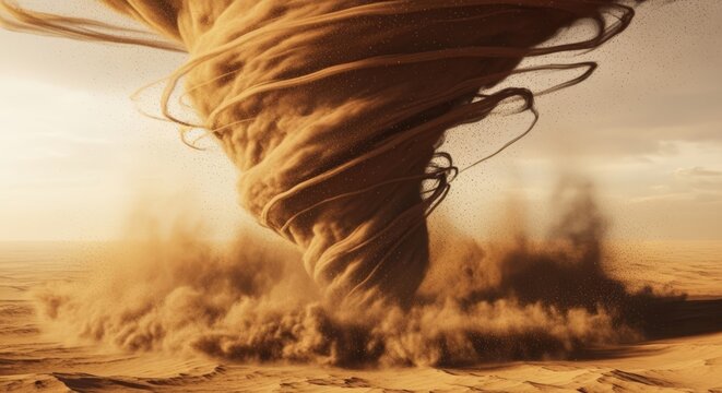 A large dust devil or sandstorm swirling across a desert landscape under a hazy, bright sky view image - Powered by Adobe