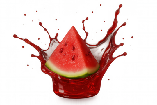 Refreshing summer visuals: ripe red watermelon slice splashing into juice with dynamic spray on transparent background. Ideal for beverage imagery