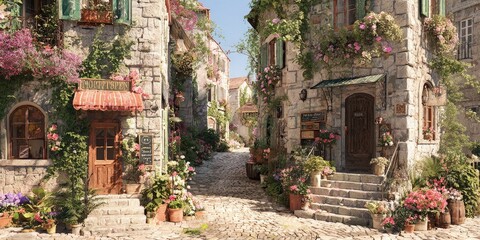 Fototapeta premium A charming, sun-drenched alleyway in a picturesque, stone-built European village, overflowing with flowers and greenery