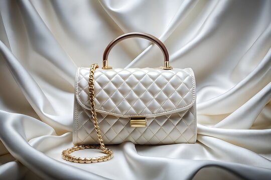 Photo of elegant white quilted handbag with golden chain on a silk background