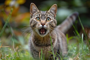 A tabby cat looks astonished while sitting among green grass.