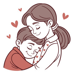 A tender illustration of a mother embracing her son with closed eyes and smiles surrounded by small hearts symbolizing love and affection