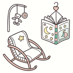 Charming illustration of a baby s nursery featuring a rocking chair a mobile with a teddy bear and a storybook with moon and stars