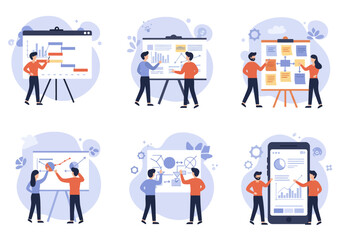 Business people presenting data on flip charts and mobile devices during various stages of a presentation.