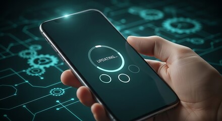 Smartphone Updating Software Displayed on Mobile Device Screen | Hand Holding Phone During Update Process, Connectivity, and Technical Background