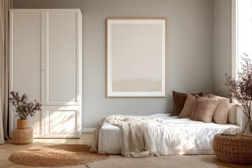 Cozy bedroom with neutral tones.  White wardrobe, beige artwork,  and  light bedding