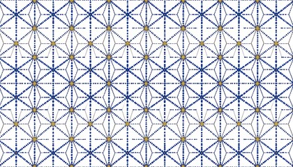 Repeating geometric pattern with blue lines and gold dots on a white background