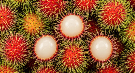 Vibrant Rambutan Display: A Tropical Delight of Sweet and Tangy Flavors , Fresh Rambutans: A Close-Up View of Nature's Exotic and Delicious Offering