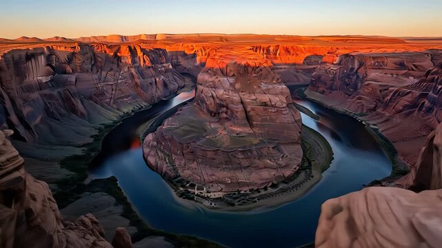 Majestic horseshoe bend canyon landscape, river winding through sandstone formations at sunset.