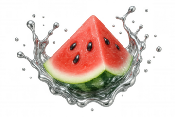 Ripe red watermelon slice splashing in mercury with transparent background, perfect for summer advertising campaigns