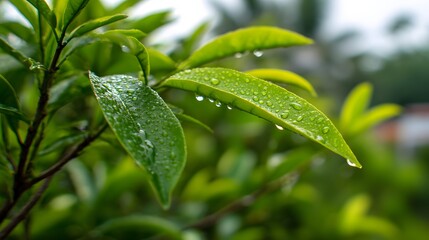 Close-up of green leaves covered in water droplets.