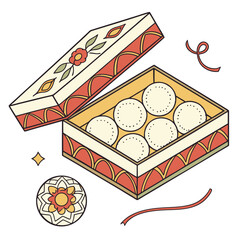 A beautifully decorated gift box filled with round dotted sweets and a decorative rakhi tied with a red ribbon symbolizing indian festive celebrations and traditional gifting