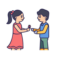 A young boy with dark hair and a blue shirt gives a small flower to a smiling girl with dark hair in a ponytail wearing a pink dress