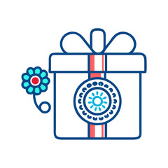 Stylized blue gift box adorned with a decorative circular motif and a vibrant floral accent perfect for celebrations and special occasions