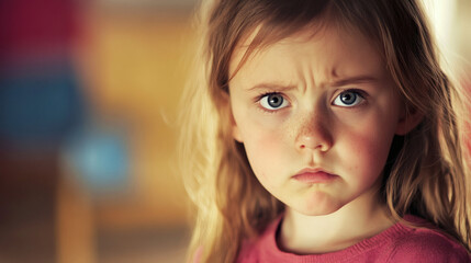 Close-up portrait of a young girl with a serious expression.