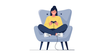 Joyful Gaming Session A young woman engrossed in playing video games, seated comfortably in an armchair, illustrating leisure, entertainment, and modern lifestyle