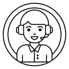 Friendly cartoon icon of a smiling person wearing a headset with a microphone representing customer service or support staff within a circular frame